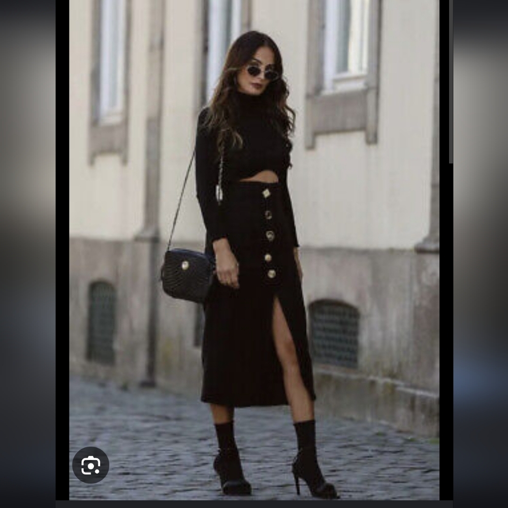 Zara black tweed with unmatched Asymmetrical gold buttons midi skirt